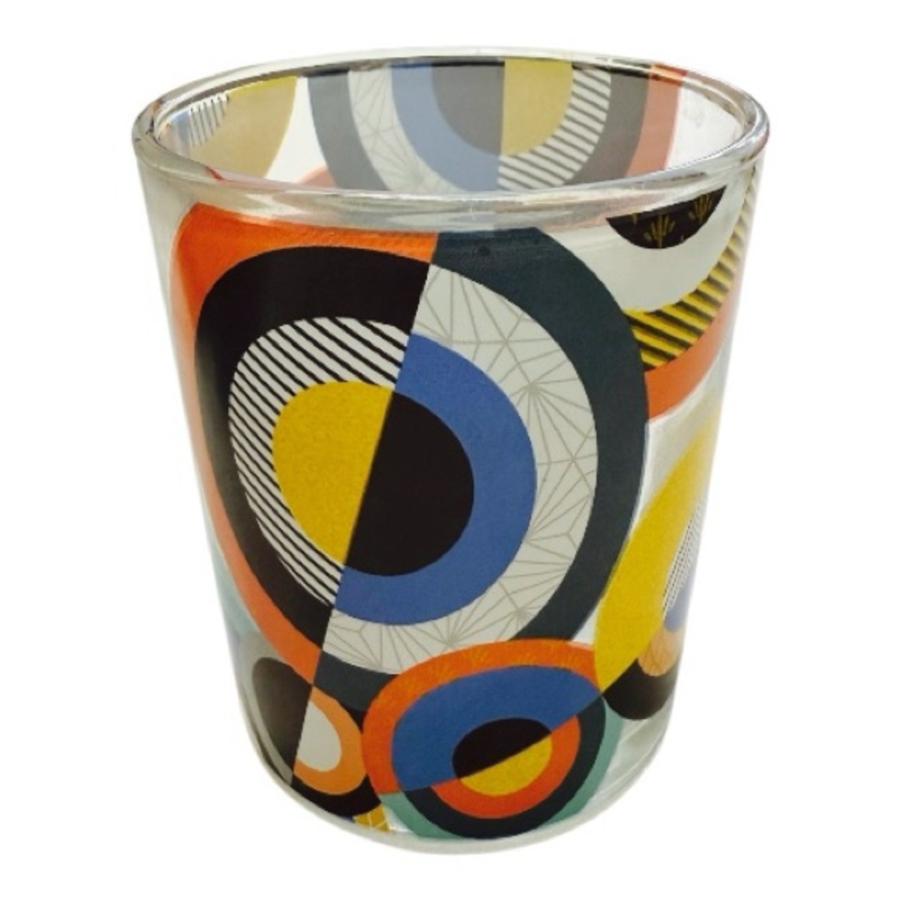 New Art Deco Geometric Abstract Glass Votive Candle Holder 3” High Multicolor